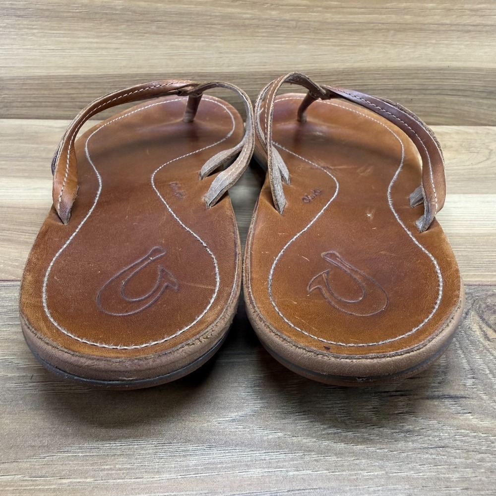 Olukai Kapehe Luana Flip Flops Womens 11 Cognac Leather Thong Sandals - Picture 7 of 10